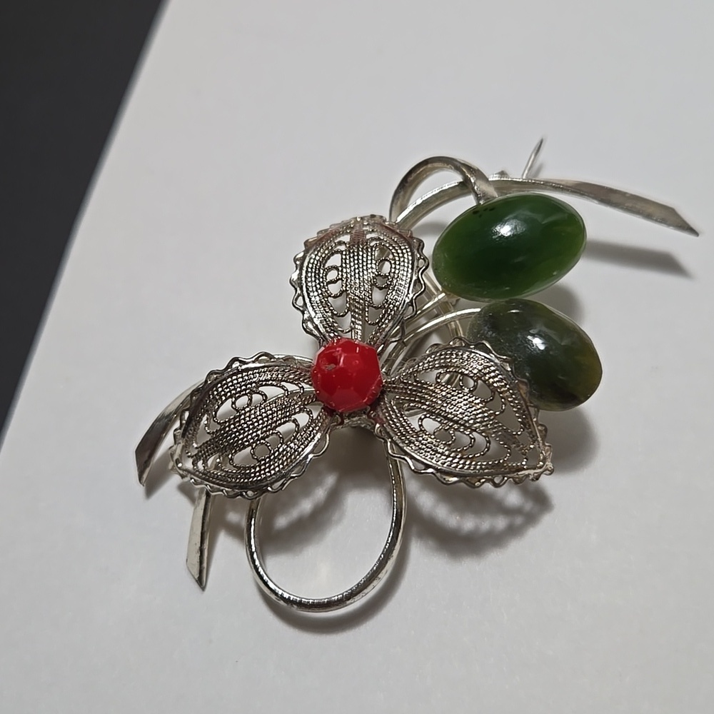 Vintage Silver and Green Jade Stone Like  Floral Brooch